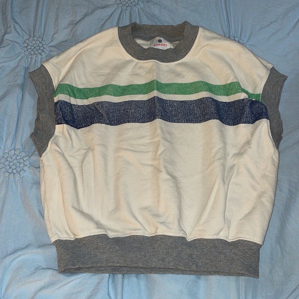 Sundry Cream Knit Crop Top with Green and Navy Stripes